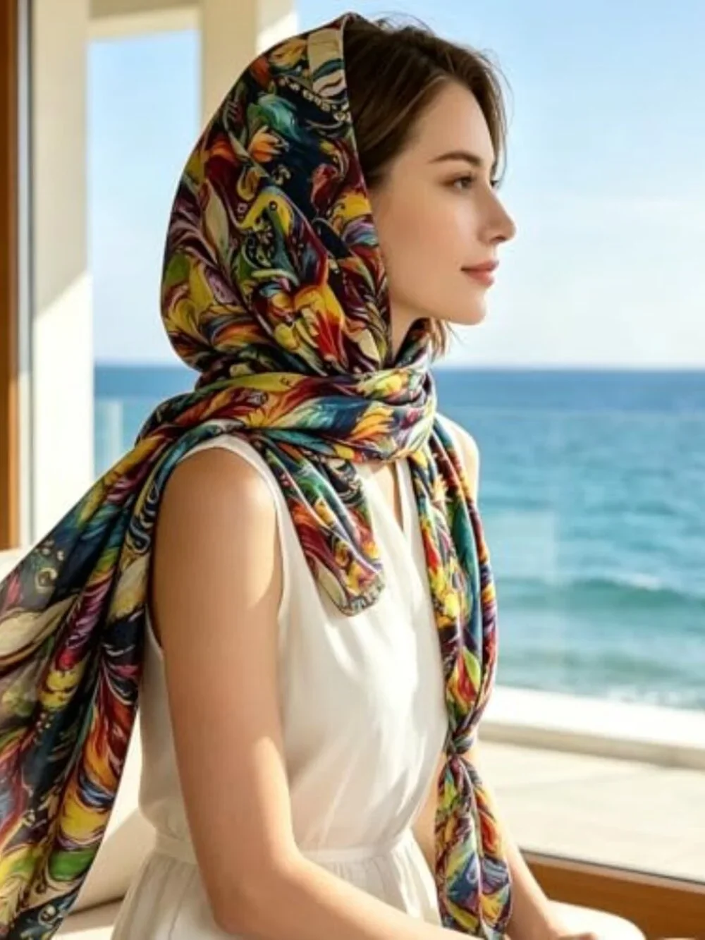 100% Mulberry Silk Neck Scarf Wrap Long Shawl Floral Print Multi-way Wear